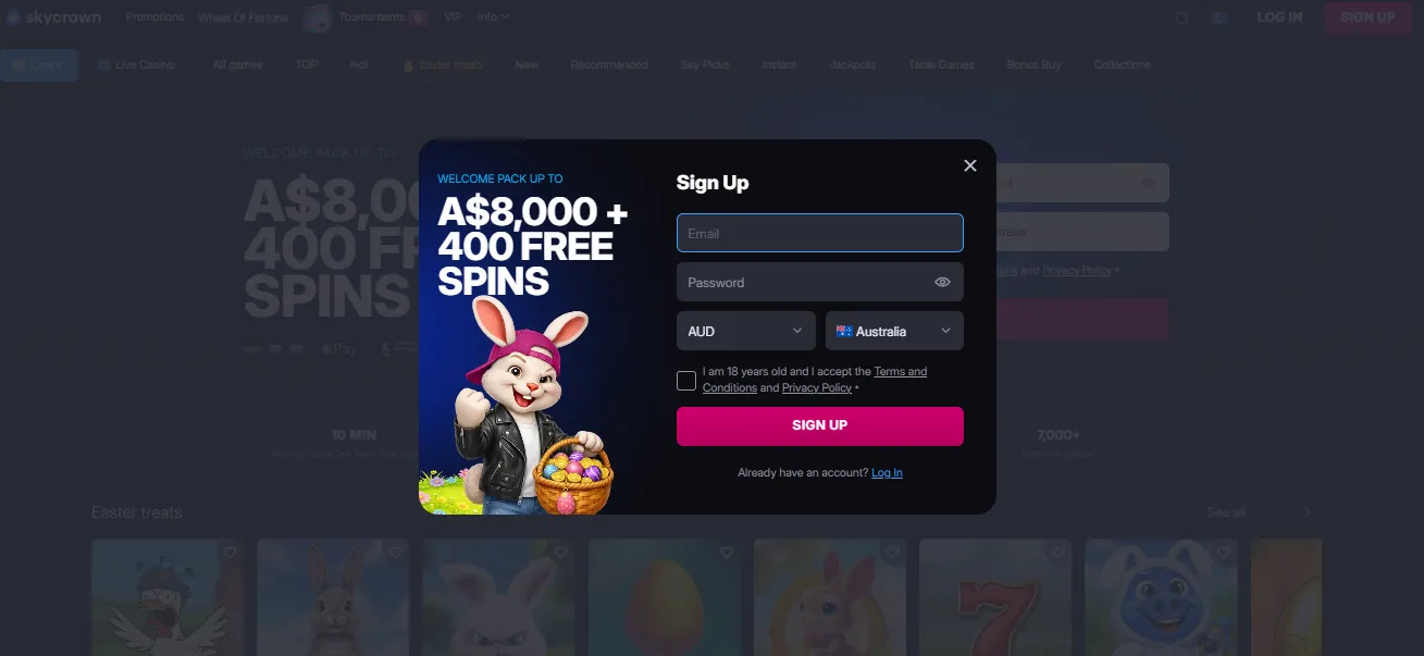 Step by step account setup at Sky Crown online casino