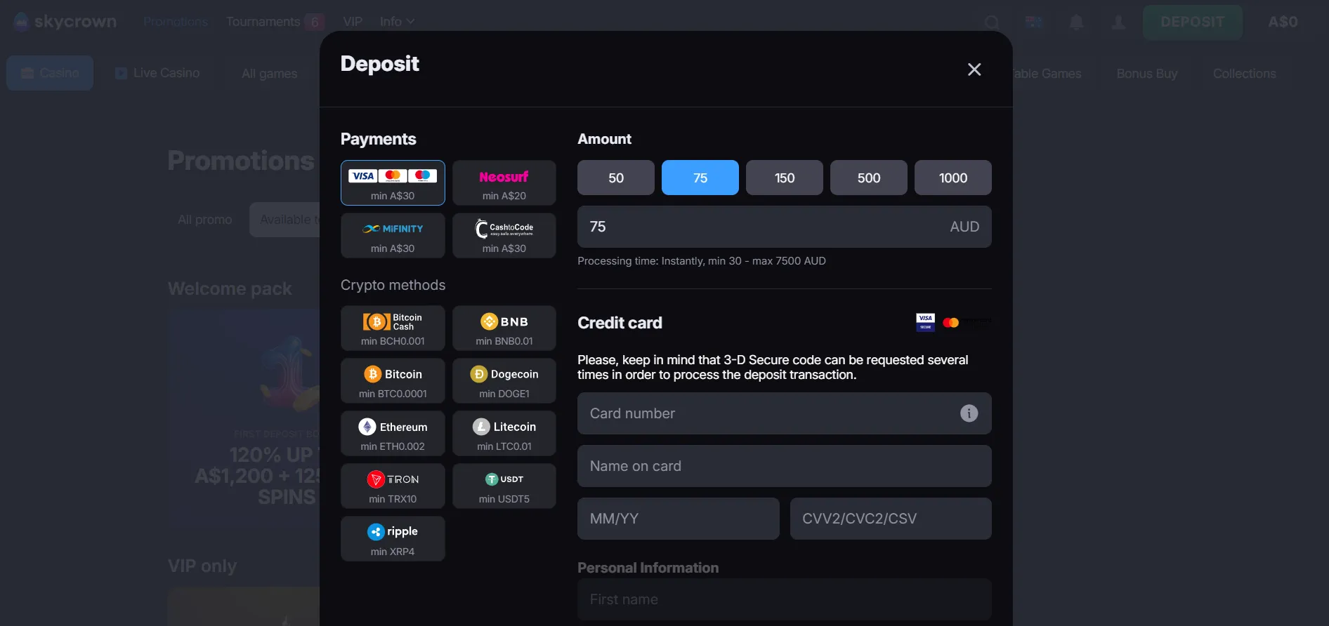 Withdrawal speed, fees and safe cashout rules at Sky Crown online casino